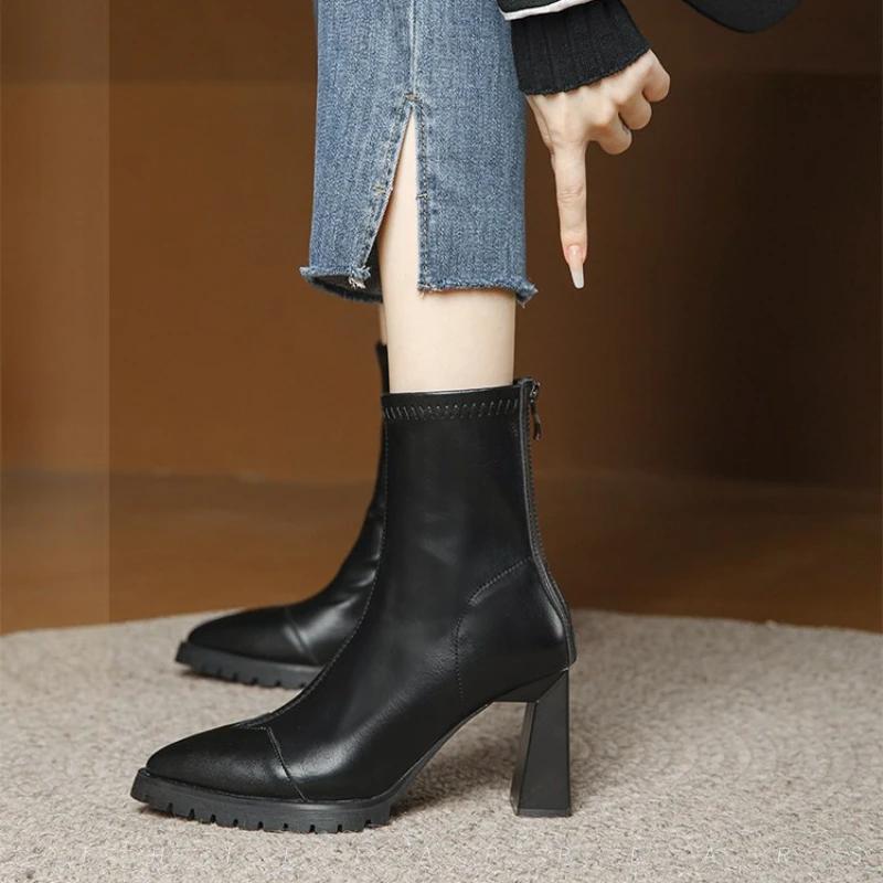 Модные женские ботильоны AJGS Luxury Brand с острым носком, квадратной застежкой-молнией на высоком каблуке, зимние женские ботинки с нескользящей подошвой