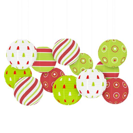 Красный и зеленый бумажный фонарь 12 дюймов Рождественский подвесной круглый фонарь для внутреннего и наружного праздничного потолочного декора