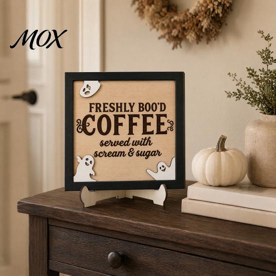 Solid Wood Festive Plaque Halloween Wooden Coffee Photo Frame, Retro Distressed Sign for Decorative Holder Countertop Decor, Rustic Autumn Holiday
