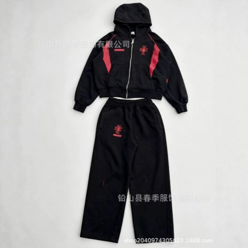 Mens Hooded Sweatshirt Set Vintage Flame Patch Zip-Up Top Casual Pants Streetwear Men Women