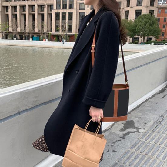 Женское зимнее шерстяное пальто, утолщенное двубортное длинное стильное однотонное пальто с длинными рукавами, свободный Тренч с лацканами и вырезом на воротнике