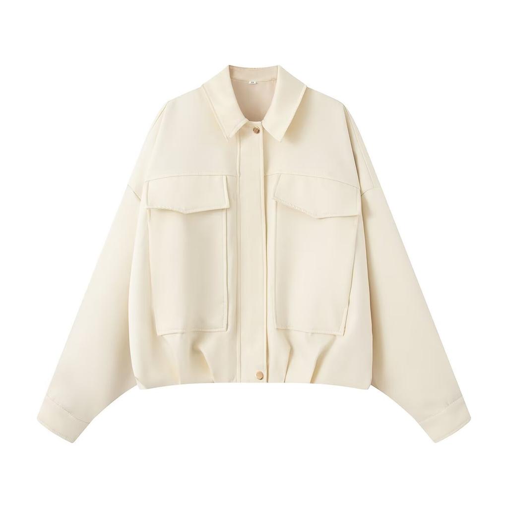 2026 spring new European and American cross-border women's clothing pleated hem pocket bomber jacket w034 25337