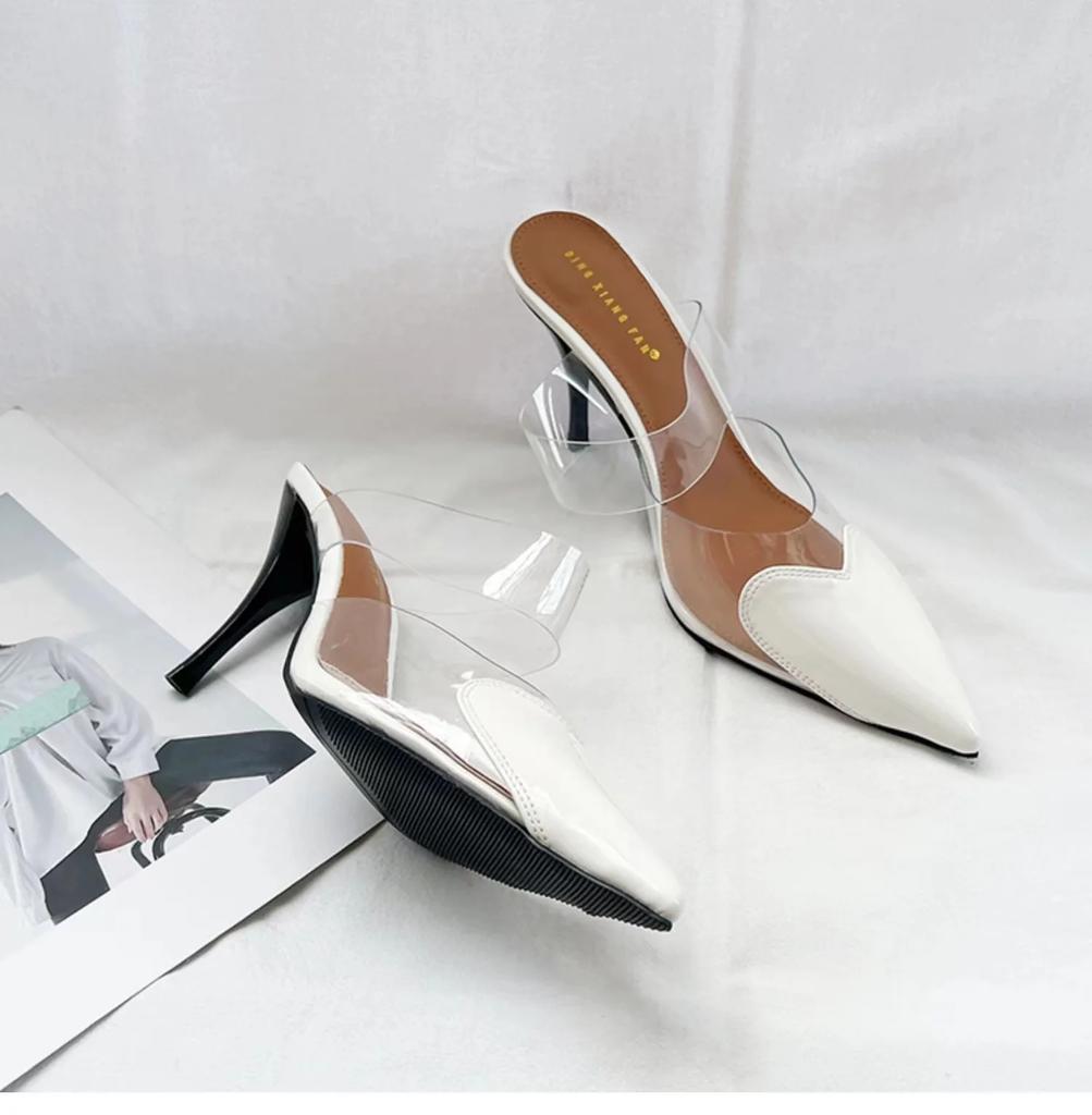 Fashion Elegant Pointed Toe Transparent PVC Heart High Heels Mules Slipper Shoes Women Black White Red Shoes Luxury Designer Pumps