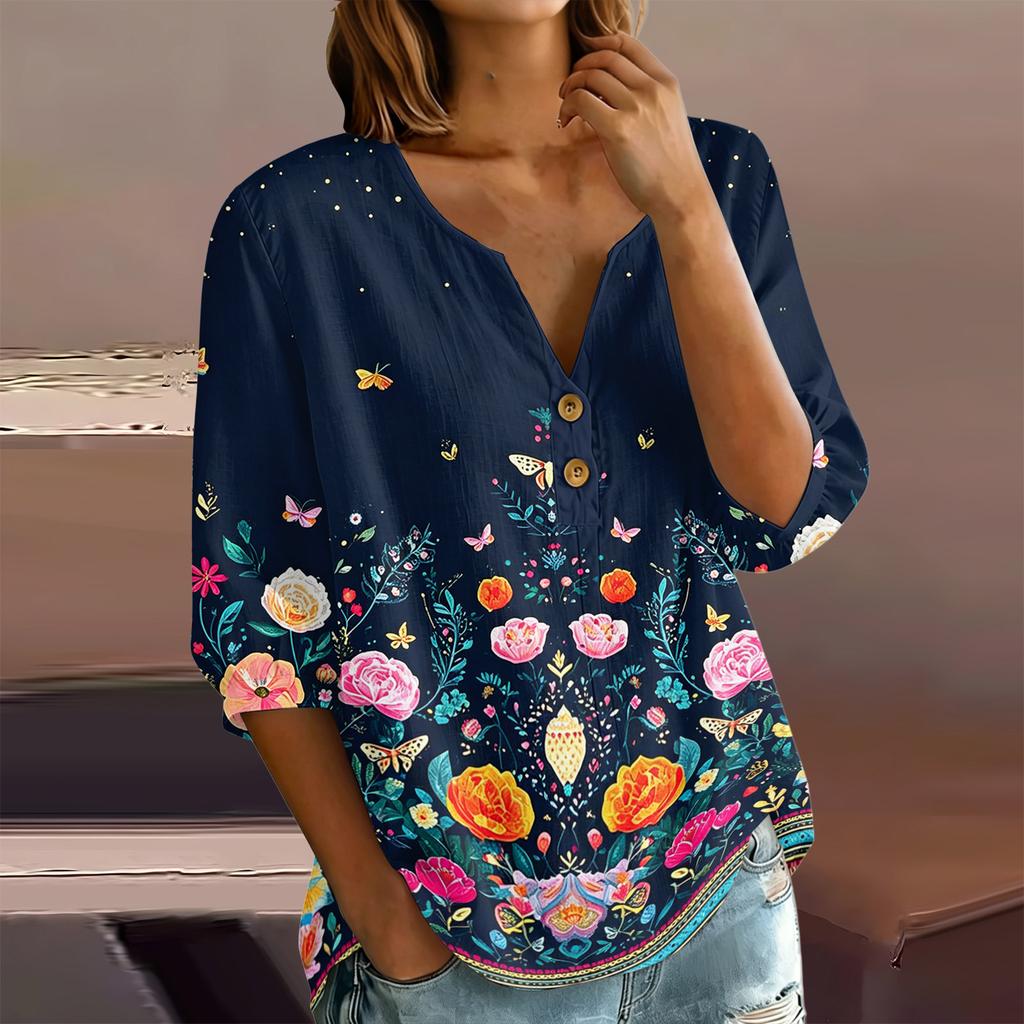 Женская блузка-henley с цветочным принтом, пуговицами на воротнике, рукавом три четверти, из хлопка и льна, повседневная, свободного кроя
