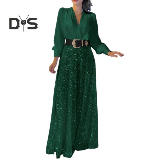 Women Jumpsuit Wide Leg Shiny Sequin Deep V Neck Long Lantern Sleeve Tight High Waist with Belt Solid Color Prom Cocktail Party Wedding Fake Dress