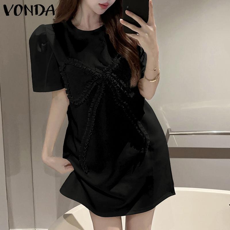 VONDA Женские летние платья с круглым вырезом и коротким рукавом с принтом в виде завязок