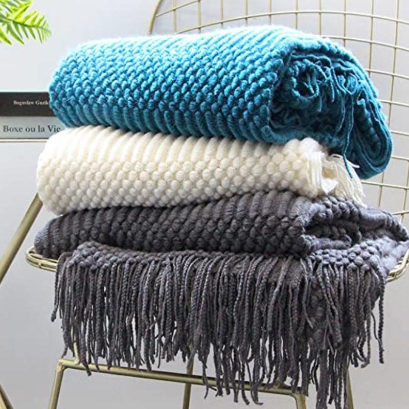 Teal Knitted Decorative Throw Blankets for Couch Bedroom and Officeroom Textured Soft and Warm Gift Big Knit Blanket with Tassel