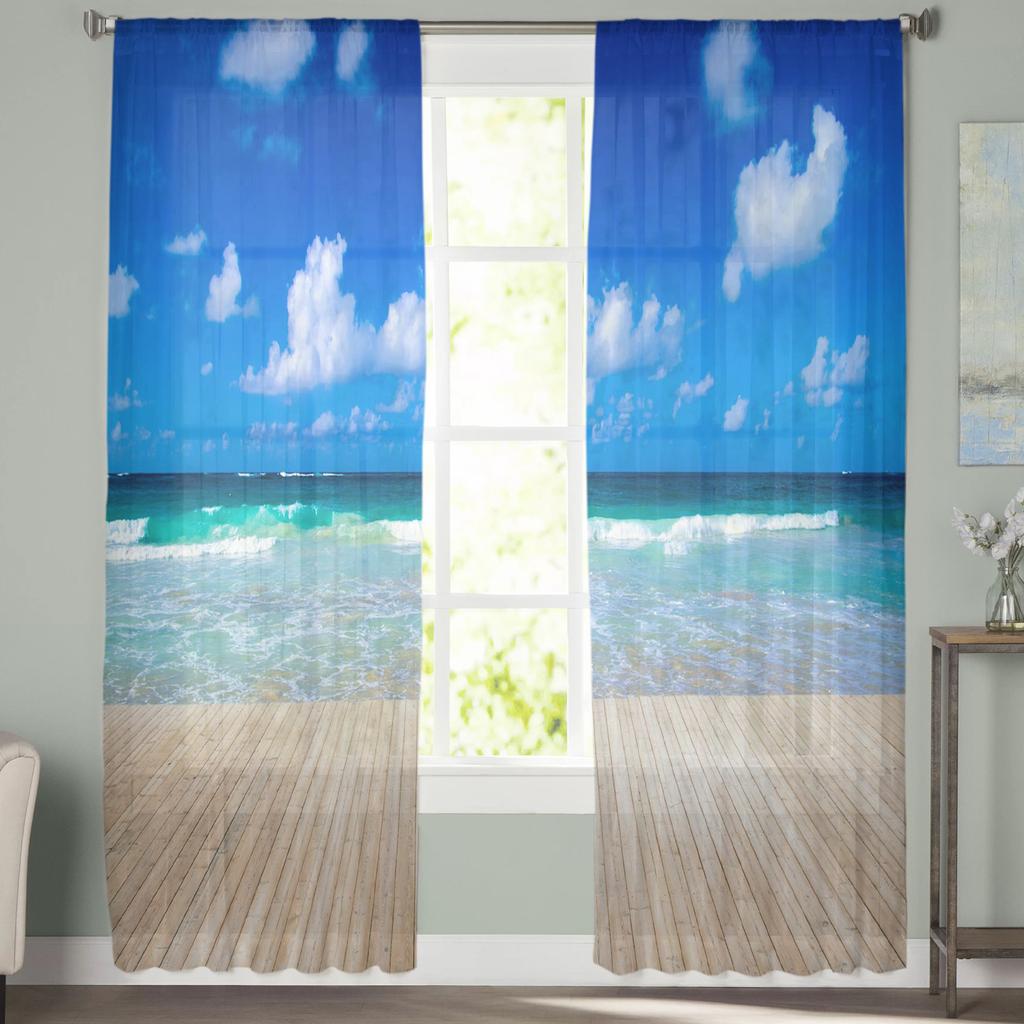 Beach Blue Sky White Clouds Sheer Curtains Modern Gauze Curtain for Living Room Bedroom Voile Yarn Curtains