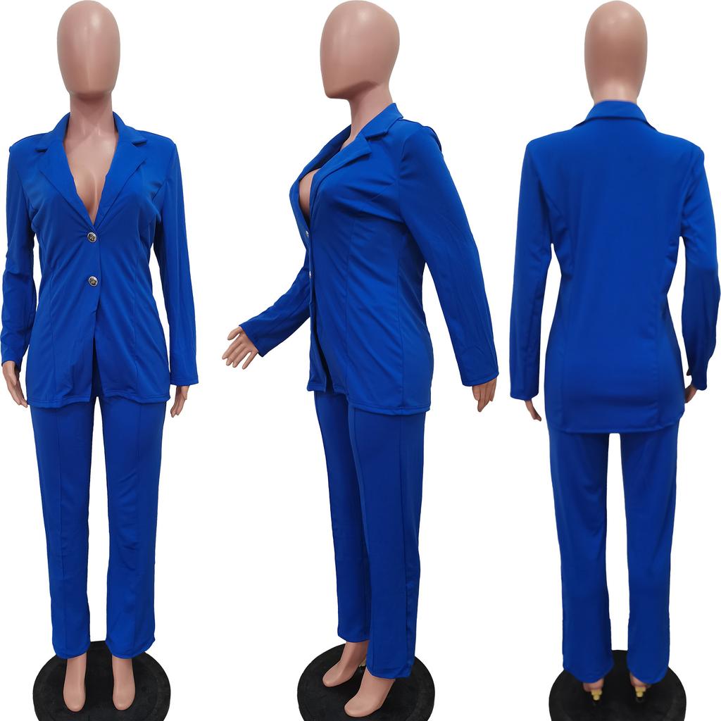 Women's Solid Color Two-Piece Suit Set with Notched Lapel and Button Closure, Elegant Long Pants Suit for Business Casual or Formal Wear