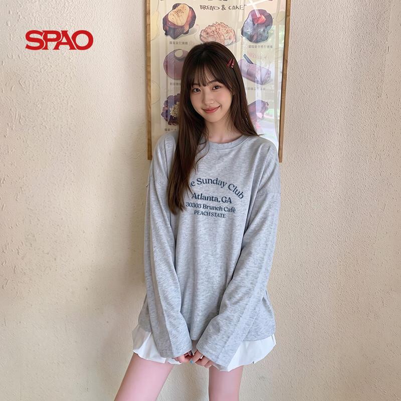 Женская хлопковая футболка SPAO с длинным рукавом и спущенной линией плеча с принтом-буквой