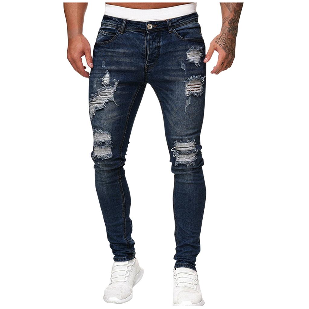Men Jeans Solid Color Ripped Holes Frayed Gradient Washed Trousers