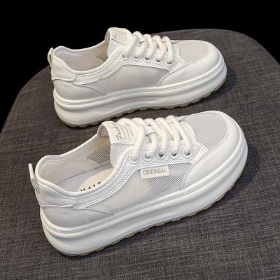 Сетчатые дышащие кожаные маленькие белые туфли детские летние новые универсальные туфли на толстой подошве для увеличения роста