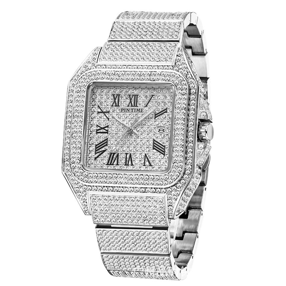 Gold or Black Watch Ice Out Square Wristwatch For Men Top Brand Luxury Full Diamond Mens Watches Waterproof Hip Hop Clock