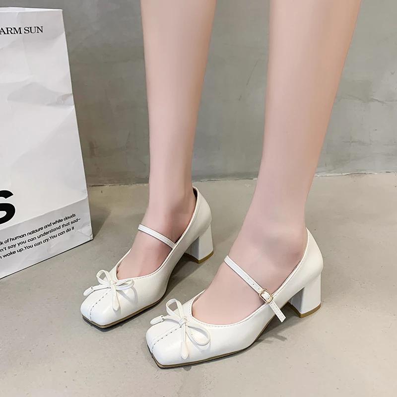 Fashion French Pure Color High Heels Shoes Women's Summer New Bow Temperament Single Shoes Female Gentle Style Vintage Mary Jane Shoes