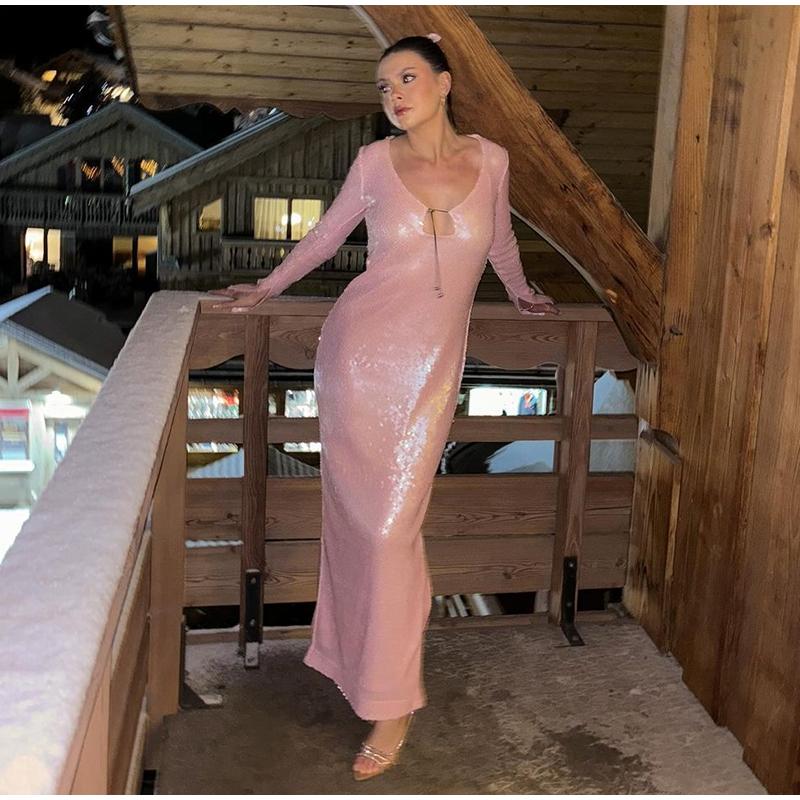 Ladies Women Sexy Long Sleeve Mesh Sequins Midi Split Solid Dress Elegant Evening Club Party Dress