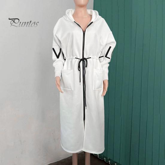 Женское зимнее пальто с капюшоном и боковыми карманами, лоскутное трикотажное пальто с рукавами, узором из букв, свободное, средней длины, с завязками на талии, однотонное пальто