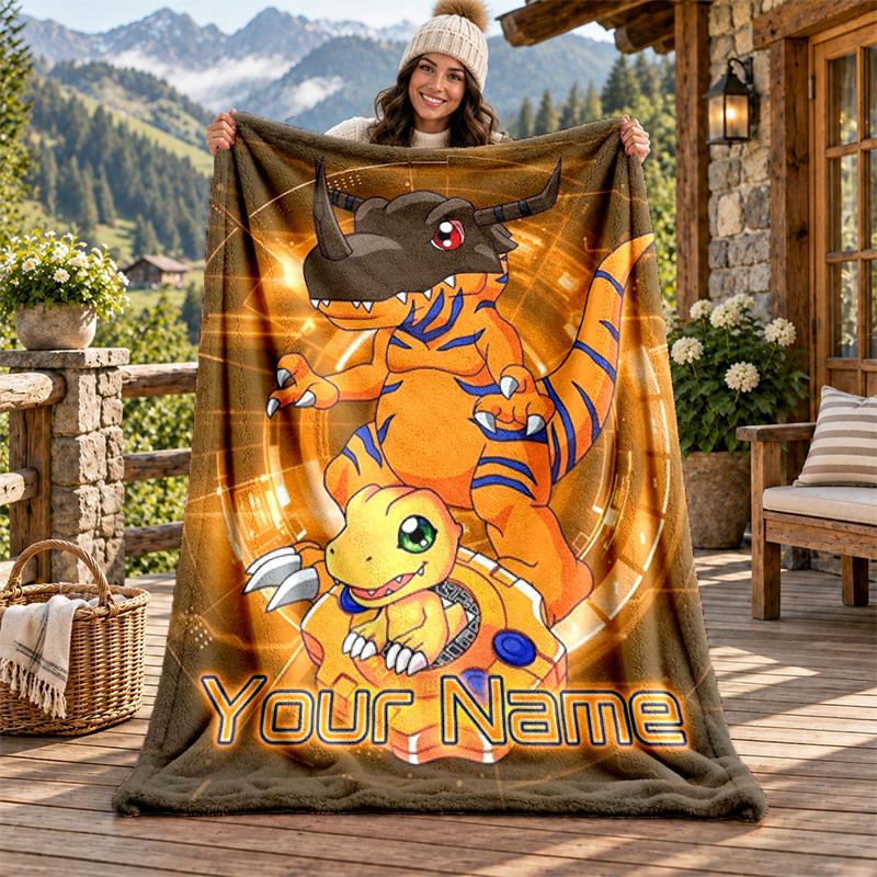 Digimon Custom Name Flannel Blanket Personalized Soft Warm Plush Throw Blanket Customized Gift for Family Friends