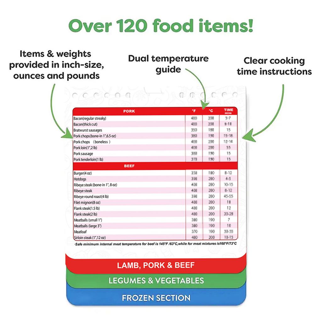 Air Fryer Magnetic Cooker Cheat Sheets Perfect Temperature Cooking Time Guide Magnet Cookbook for Meat Beef Chicken