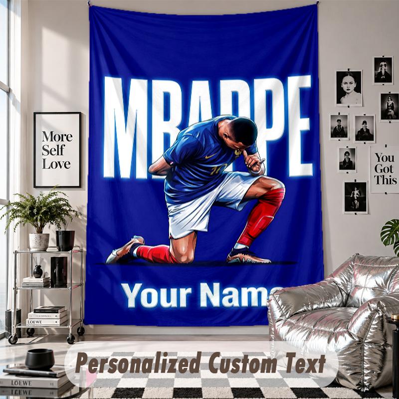 Wall Hanging Tapestry With Custom Name & Text, Kylian Mbappe Decorative Tapestry For Bedroom
