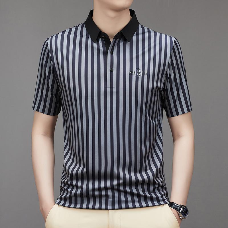 Summer New Men's Cool Striped Polo Shirt Young and Middle-Aged Fashion Casual Short-Sleeved T-shirt Bottoming Shirt Men