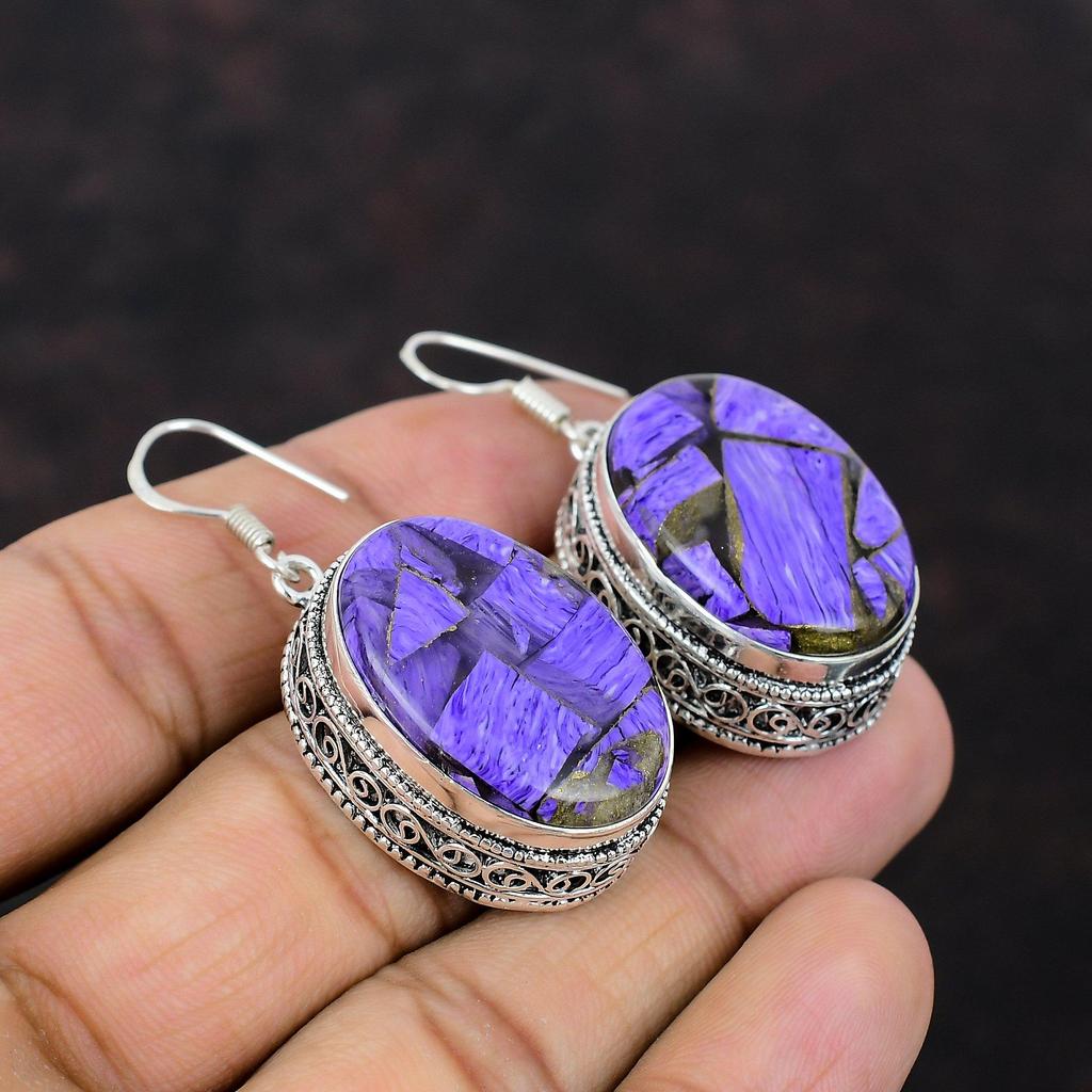 Медные серьги с чароитом, ювелирные изделия из стерлингового серебра 925 пробы, серьги ручной работы, приличные винтажные ювелирные изделия, подарок для жены, антикварные серьги