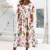 Женское летнее платье с коротким рукавом, повседневное платье миди с цветочным принтом, круглым вырезом и карманами, струящийся пляжный сарафан А-силуэта
