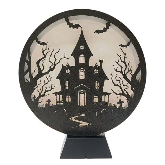 Halloween LED Lantern Wooden Desktop Light Witch Pumpkin Spider Cat Designs Silhouette Ornament Spooky Tabletop Home Party Decoration