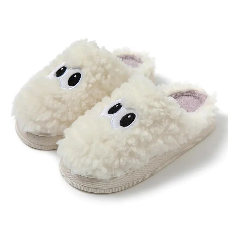 Fashion Lovely Big Eyes Monster Cartoon Slippers Winter Outdoor Faux Fur Funny Warm Plush Thick Sole Cotten Shoes(One Size Smaller)