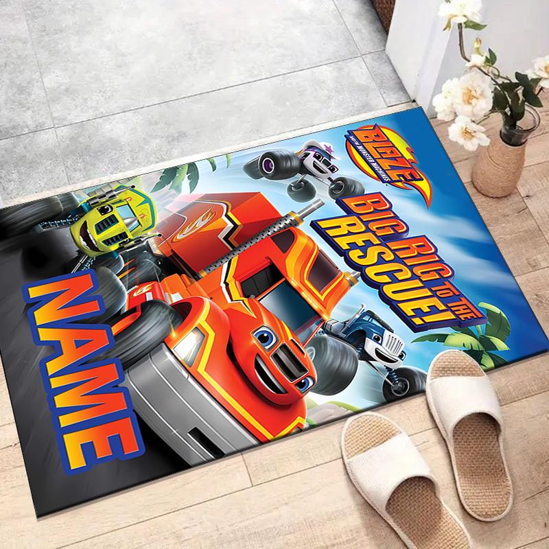Custom Blaze and the Monster Machines Mat Personalized Name, Polyester Washable Indoor Entryway Rug, Gift for Christmas, Easter, Thanksgiving Day