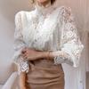 Autumn Sweet Hollow Out Lace Patchwork Women Blouse Chic Button White Top Petal Sleeve Flower Stand Collar Shirt Blusas 12419A