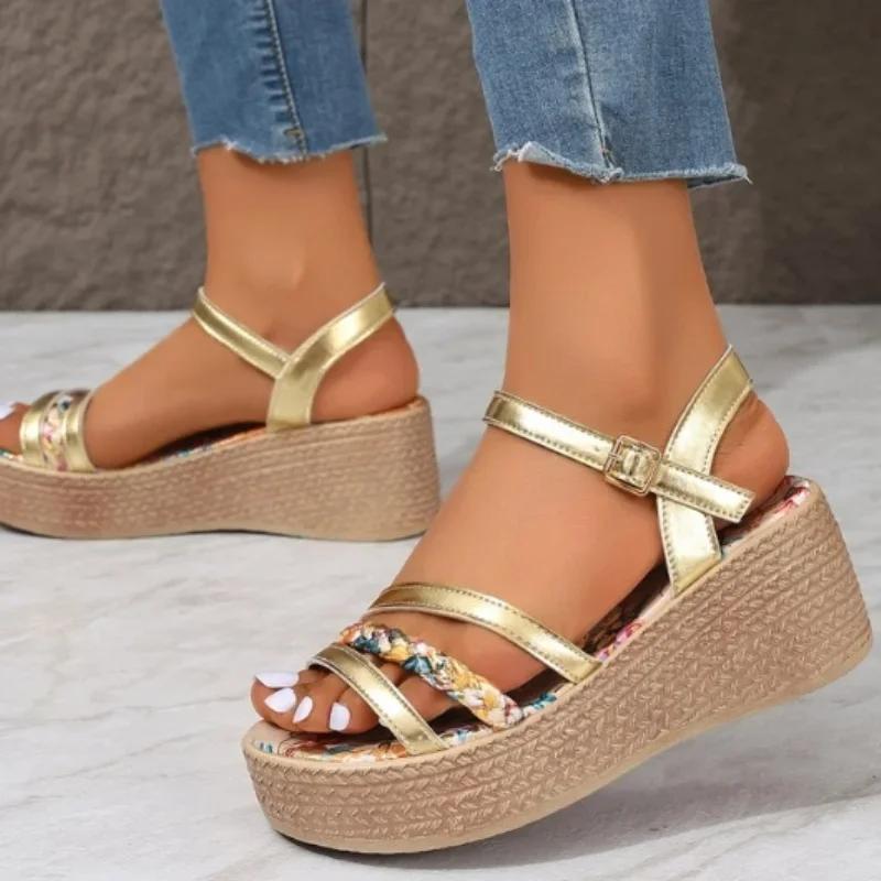 2024 New Versatile Women's Open Toe Wedge Sandals Women's Shoes Thick Sole Wedge Sandals Fashion Pattern Beach Outdoor