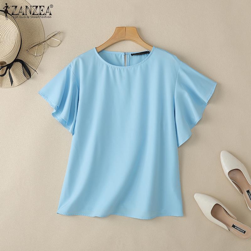 ZANZEA Женская повседневная блузка с круглым вырезом и оборками с коротким рукавом