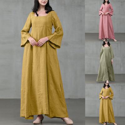 Ретро Женское Платье Макси с Круглым Вырезом, Длинными Рукавами, Однотонное, с Большим Подолом, из Хлопка и Льна