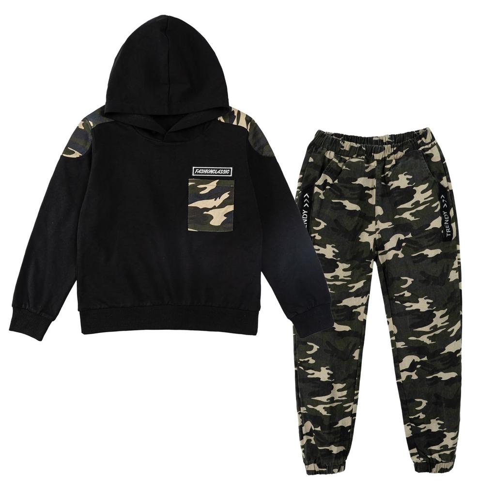 LOLANTA Boys' Set, Long Sleeve Hooded Sweatshirt and Cargo Pants, Camouflage, Stylish Black, Size 140