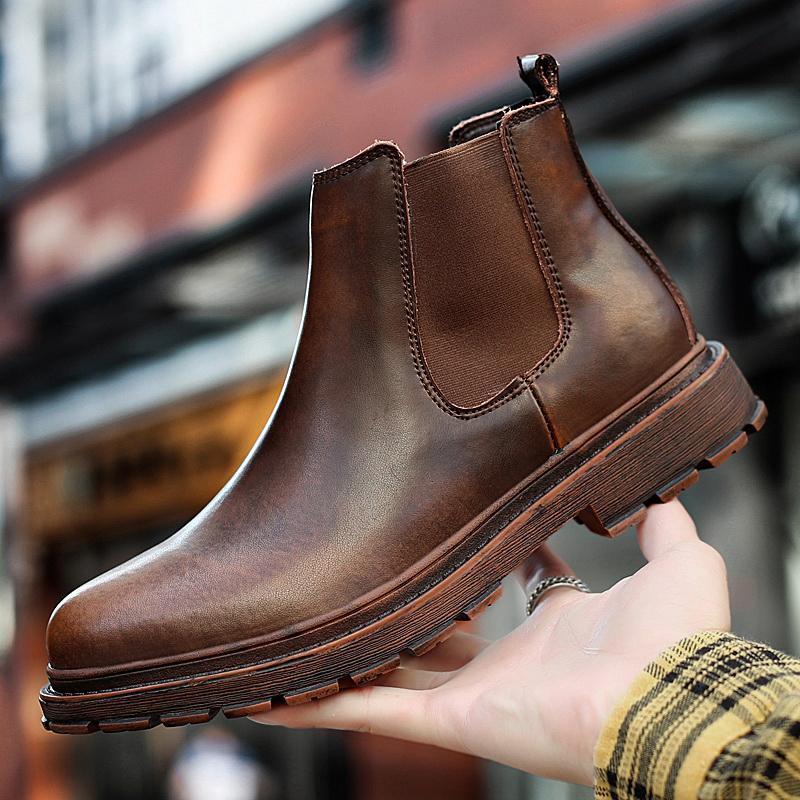 Men Warm Chelsea Boots Winter Men Boots Shoes New Fashion Leather Boots Comfortable Ankle Boots Short Plush Winter Warm Shoes