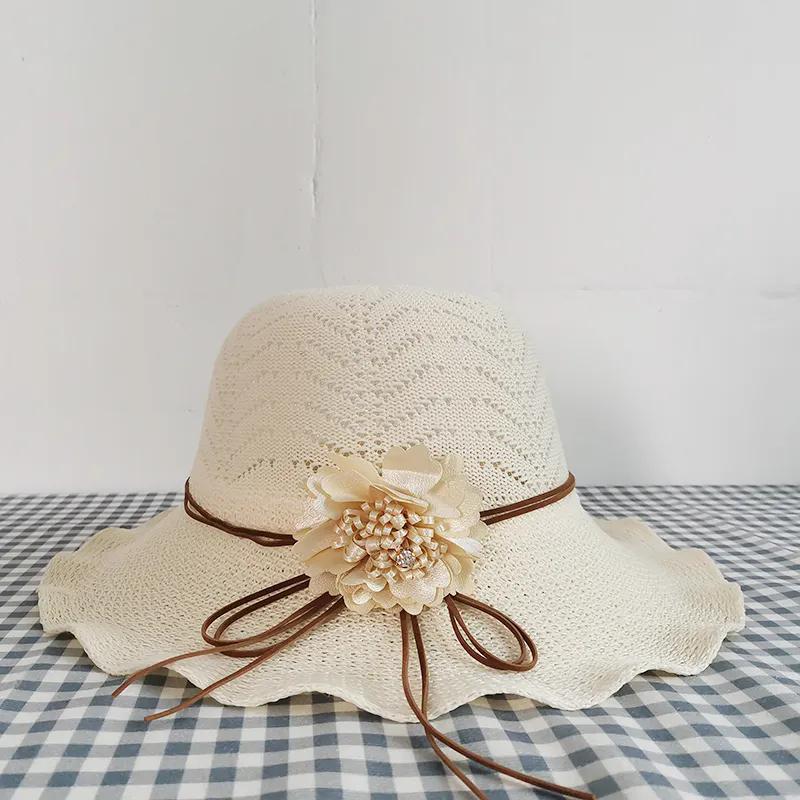 WTEMPO Solid Color Wide Brim Travel Beach Breathable Sun Hats Women's Spring Summer Foldable Sunscreen Hats with Flower