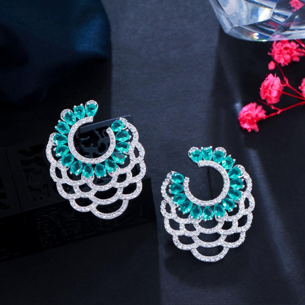 WWJ Symmetric Hollow Out Green Cubic Zirconia Stud Earrings