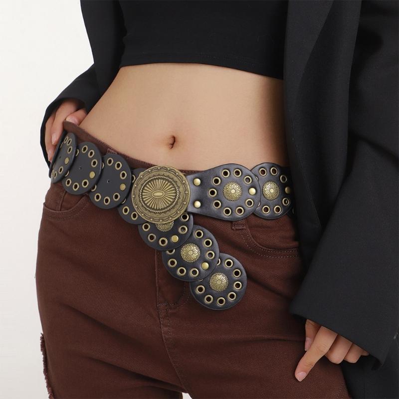 Wear Resistant Waist Belt with Round Disc Buckle Adult Motorcycle PU Waist Belts for Women Coat Dress Adjustable Length