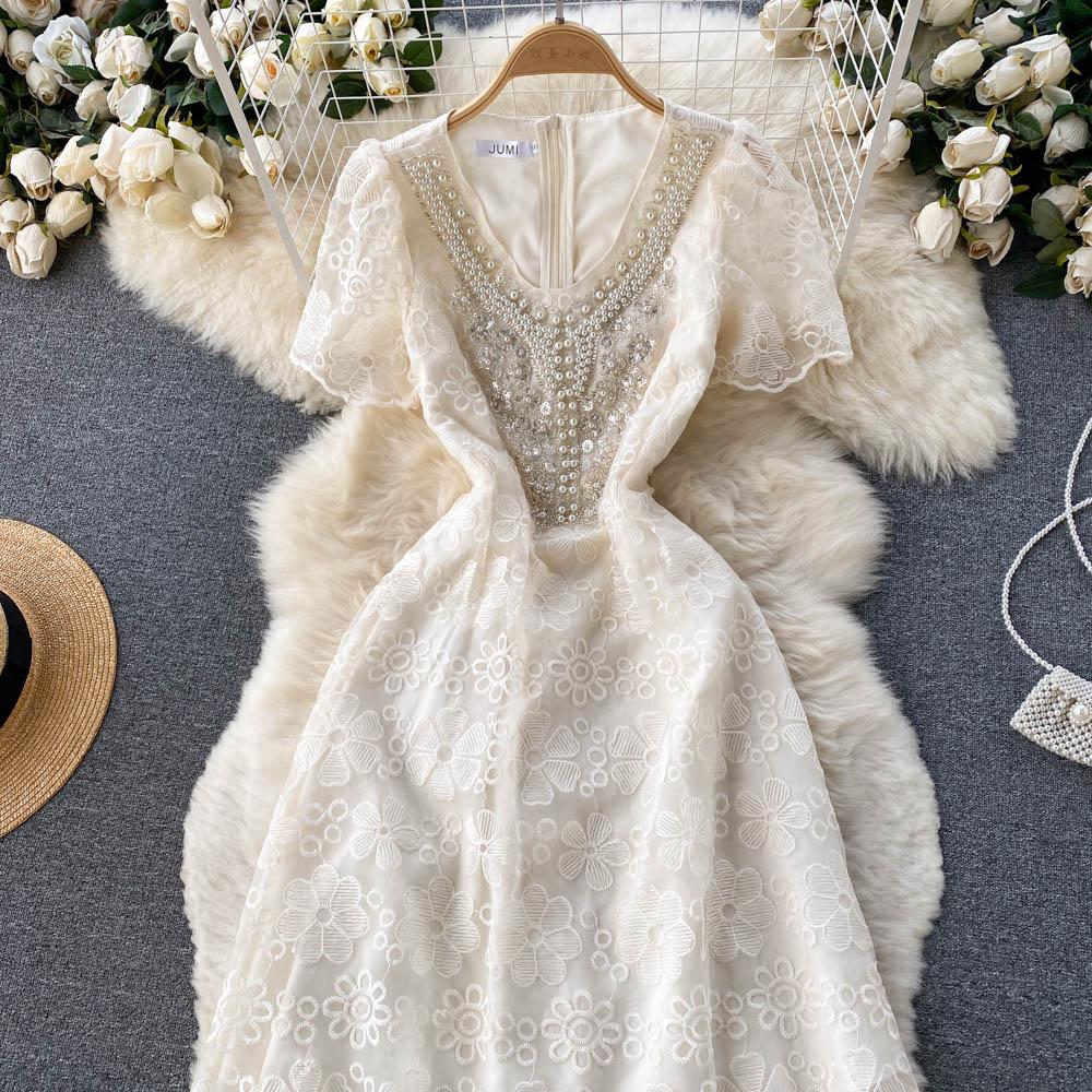 Women Fashion Mesh Flower Embroidery Luxury Beading Party Dinner Dresses Lady Elegant Retro V-neck Midi Evening Sundress