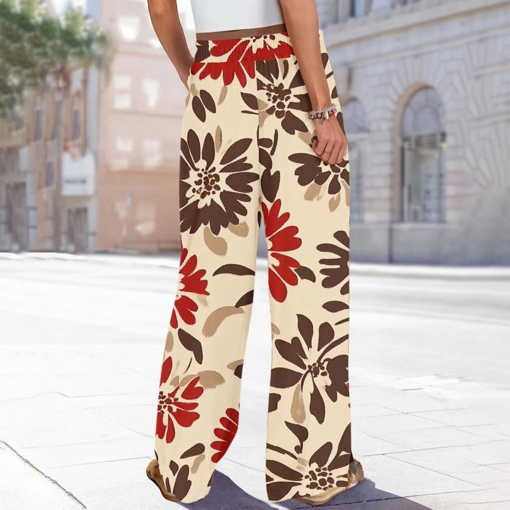 Женские брюки с принтом и широкими штанинами, с карманами, с высокой талией, на кулиске, свободные, повседневные