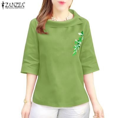 Женская летняя повседневная блузка с круглым вырезом и рукавом 3/4 с цветочной вышивкой