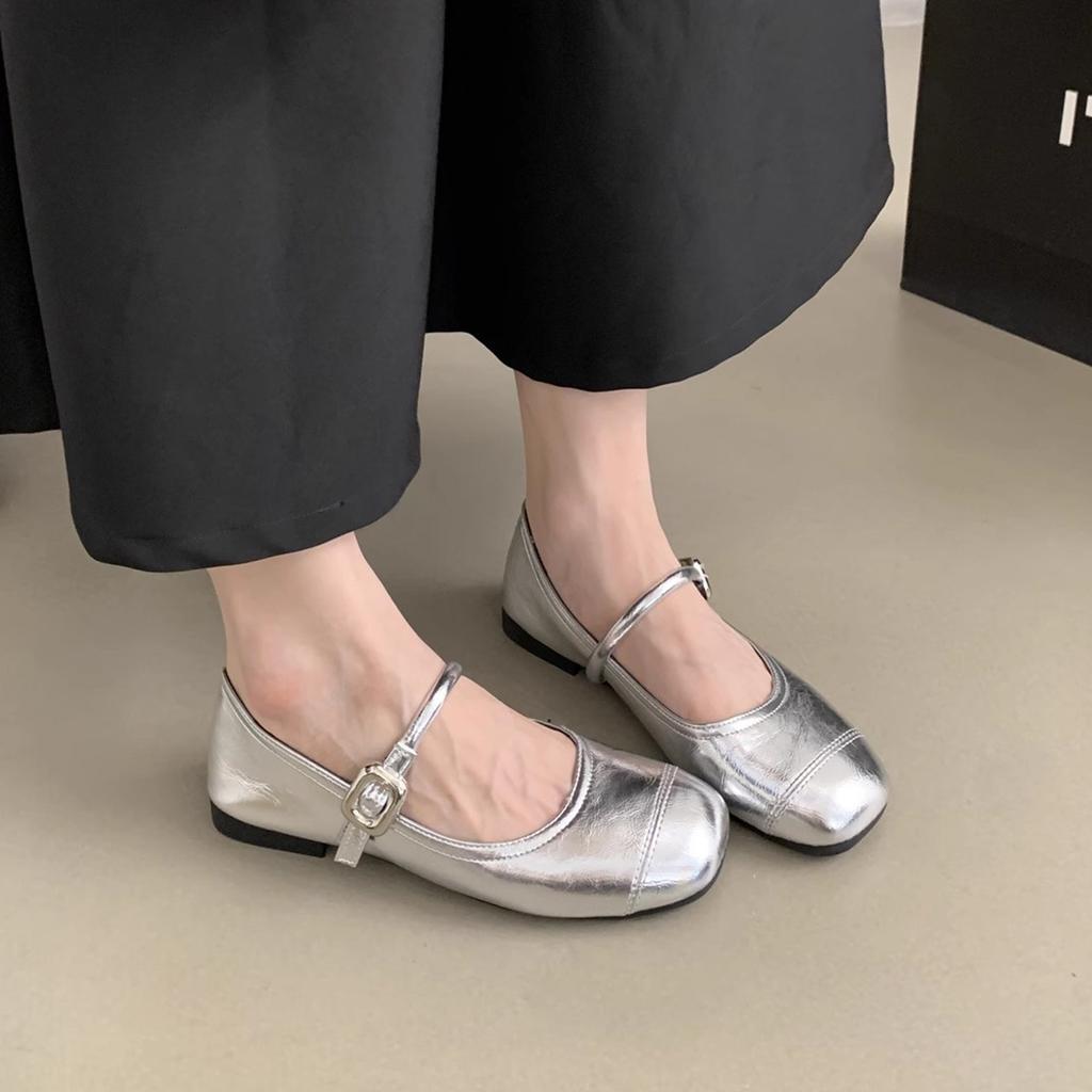 With Skirt Mary Jane Shoes Single Shoes Women's Spring and Summer New Flat Silver Small Leather Shoes