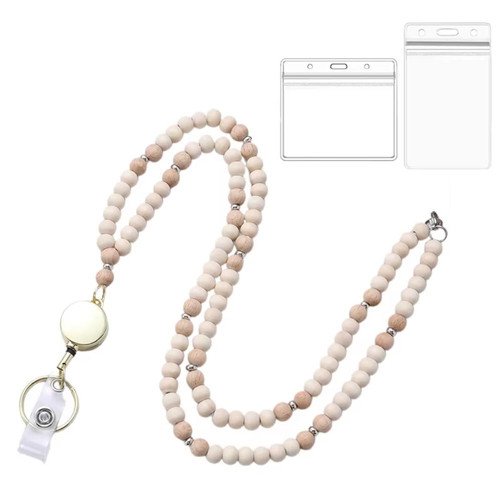 Выдвижной держатель для бейджа на шнурке, застежка из нержавеющей стали, бусина из натурального дерева, бохо-брелок-ожерелье с 2 держателями для карт