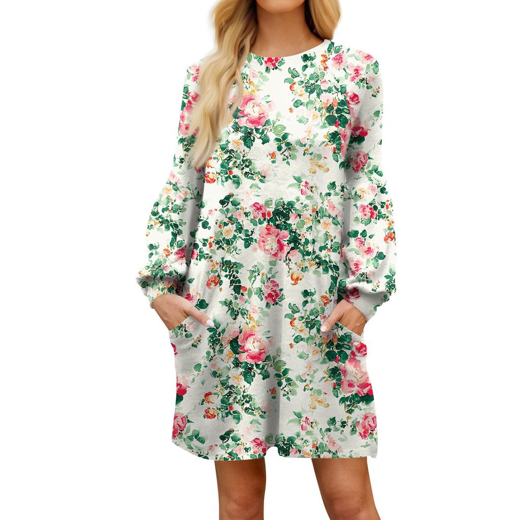 Модное женское платье трапециевидной формы с длинным рукавом. Осенний повседневный пуловер с круглым вырезом. Свободное платье с карманами.