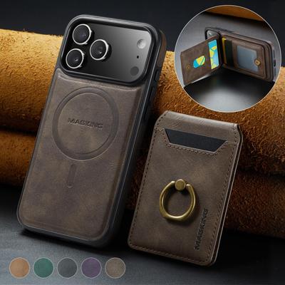 Съемный магнитный кожаный чехол-кошелек с кольцом-подставкой для Magsafe iPhone 17 Air 16 15 14 Plus 13 12 Pro Max Samsung S25 S24 S23 с держателем для карт