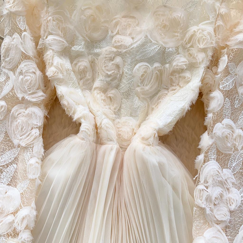 Весна Лето Женские Элегантные 3D Цветочные Расклешенные Рукава Принцесса Вечерние Сетчатые Плиссированные Платья