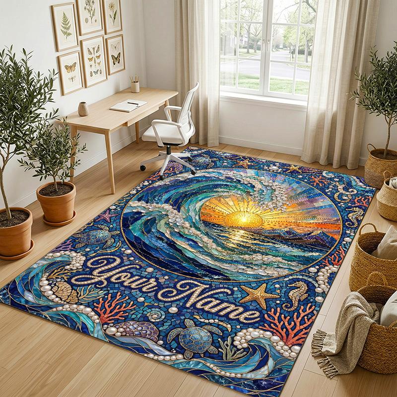 Ocean Waves Theme Soft Crystal Velvet Rug Custom Name & Text Print Non Slip Floor Rug for Bedroom Living Room