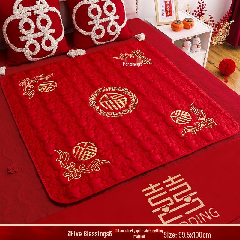 Набор вышитых свадебных подушек: 'Фу' Иероглиф и Дизайн 'Сто Благословений' для Постели Невесты с Мотивом Ранних Родов