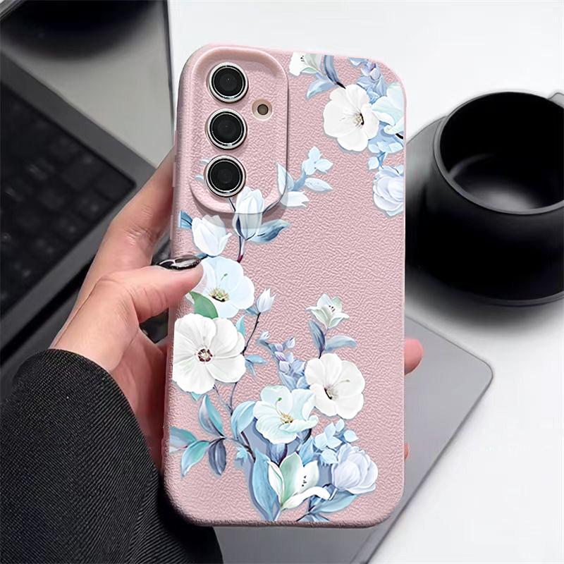 Матовый чехол для телефона с цветочным узором и текстурой из кожи для Samsung S25 Ultra S24 FE S23 S22 A36 A56 A16 A55 A26 A15 A35, тонкий противоударный мягкий чехол-накладка из ТПУ
