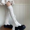 Japanese Ribbed Thigh High Leg Warmers Lace Up Bandages Over Knee Flared Leg Covers Ruffle Trim Footless Socks for Women